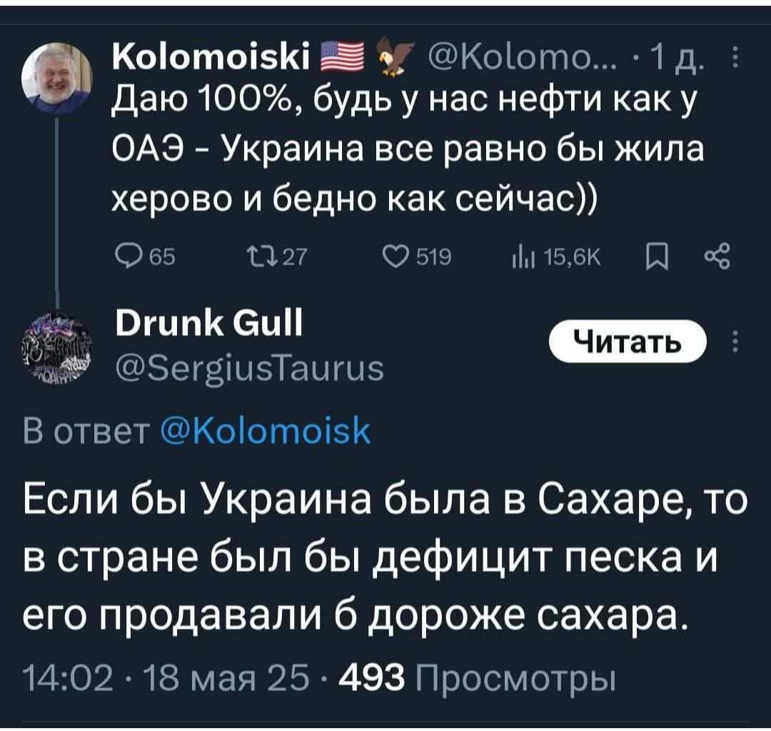 Даю 100%, будь у нас нефти как у ОАЭ - Украина все равно бы жила херово и бедно как сейчас)) Если бы Украина была в Сахаре, то в стране был бы дефицит песка и его продавали б дороже сахара.