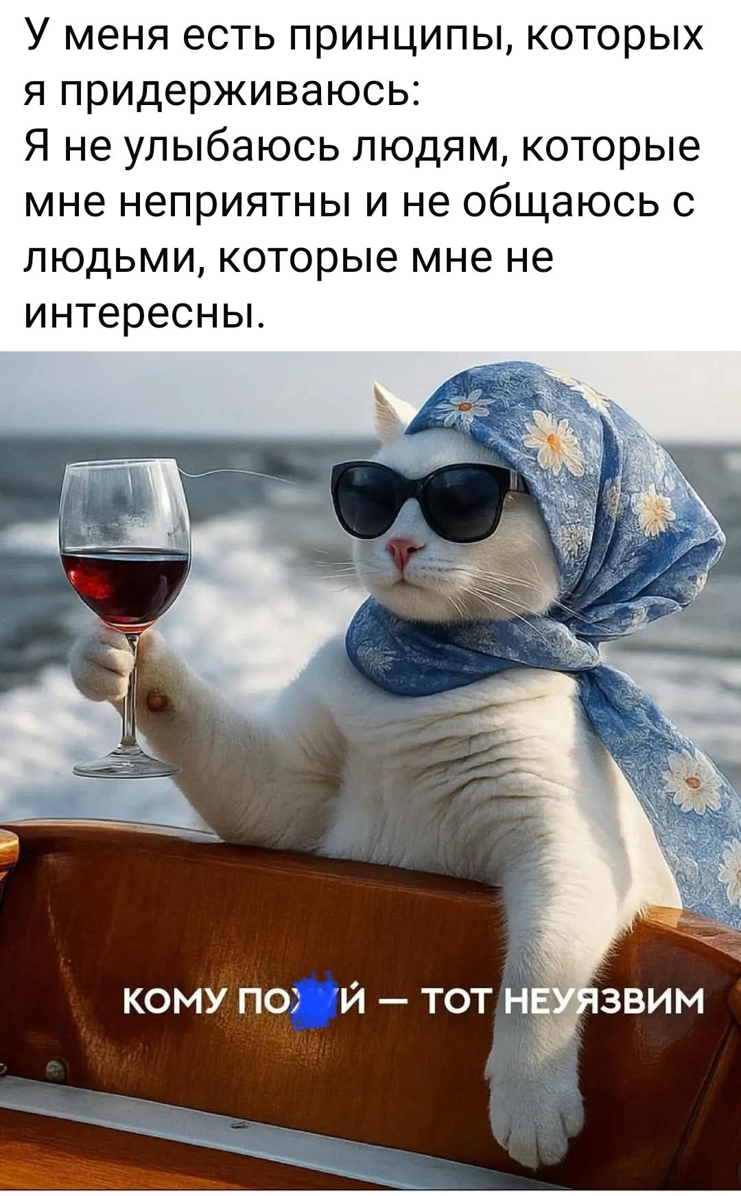 У меня есть принципы, которых я придерживаюсь: Я не улыбаюсь людям, которые мне неприятны и не общаюсь с людьми, которые мне не интересны.