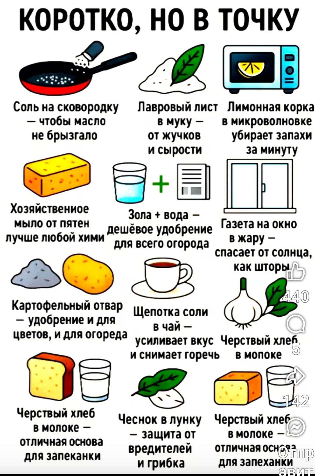 Соль на сковородку - чтобы масло не брызгало.
Лавровый лист в муку - от жучков и сырости.
Лимонная корка в микроволновке убирает запахи за минуту.
Хозяйственное мыло от пятен лучше любой химии.
Зола + вода - дешевое удобрение для всего огорода.
Газета на окно в жару - спасает от солнца, как шторы.
Картофельный отвар - удобрение и для цветов, и для огорода.
Щепотка соли в чай - усиливает вкус и снимает горечь.
Чёрствый хлеб в молоке - отлично основа для запеканки.
Чеснок в луку - защита от вредителей и грибка.
Чёрствый хлеб в молоке - отличная основа для запеканки.