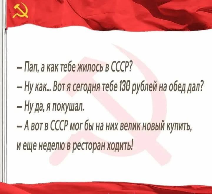 Пап, а как тебе жилось в СССР? Ну как... Вот я сегодня тебе 130 рублей на обед дал? Ну да, я покушал. А вот в СССР мог бы на них велик новый купить, и еще неделю в ресторан ходить!
