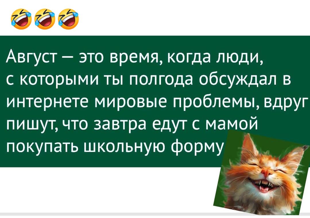 Август — это время, когда люди, с которыми ты полгода обсуждал в интернете мировые проблемы, вдруг пишут, что завтра едут с мамой покупать школьную форму.