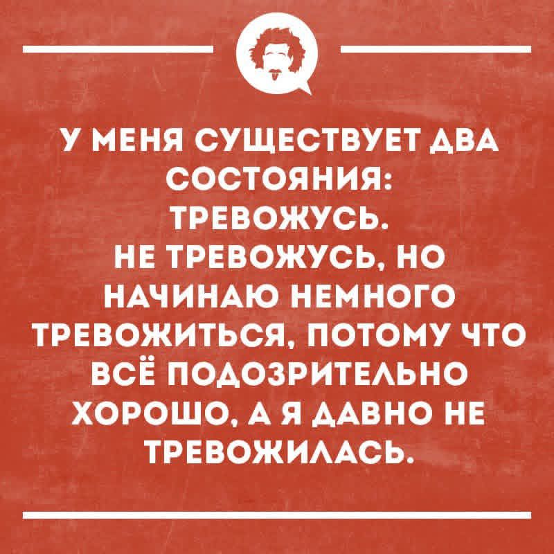 У меня существует два состояния: тревожусь. Не тревожусь, но начинаю немного тревожиться, потому что всё подозрительно хорошо, а я давно не тревожилась.