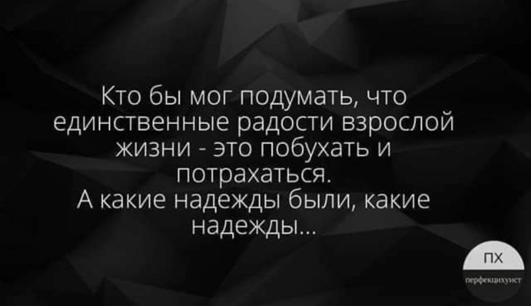Кто бы мог подумать, что единственные радости взрослой жизни - это погубхать и потрахаться. А какие надежды были, какие надежды...