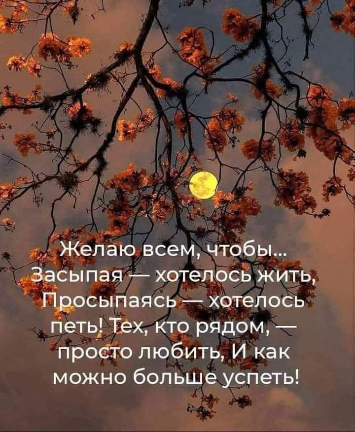 Желаю всем, чтобы... Засыпая — хотелось жить, Просыпаясь — хотелось петь! Тех, кто рядом, просто любить, И как можно больше успеть!