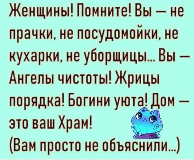 Женщины! Помните! Вы — не прачки, не посудомойки, не кухарки, не уборщицы... Вы — Ангелы чистоты! Жрицы порядка! Богини уюта! Дом — это ваш Храм! (Вам просто не объяснили...)