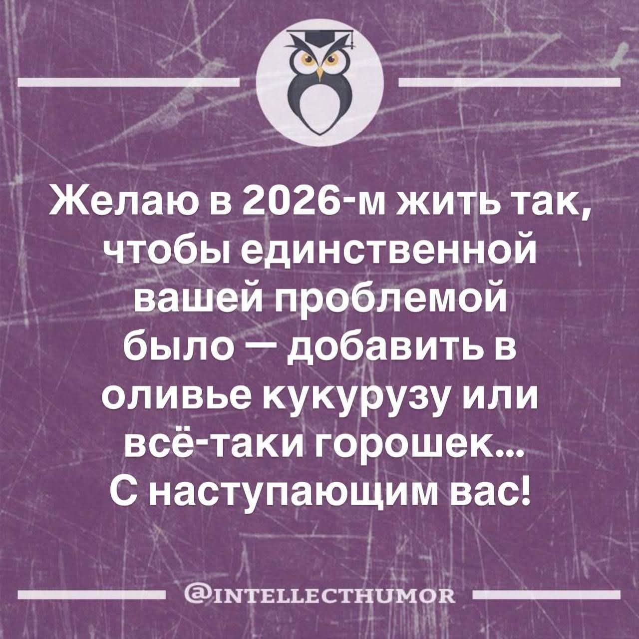 Желаю в 2026-м жить так, чтобы единственной вашей проблемой было — добавить в оливье кукурузу или всё-таки горошек... С наступающим вас!