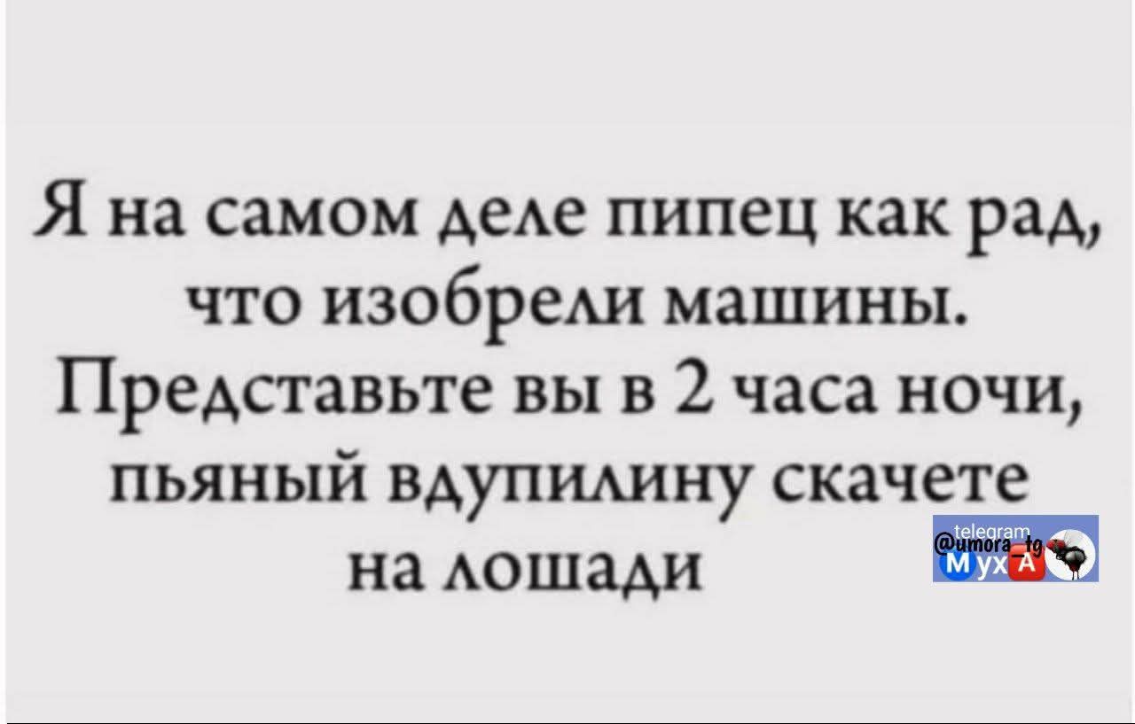 Я на самом деле пипец как рад, что изобрели машины. Представьте вы в 2 часа ночи, пьяный вдупилиину скачете на лошадях