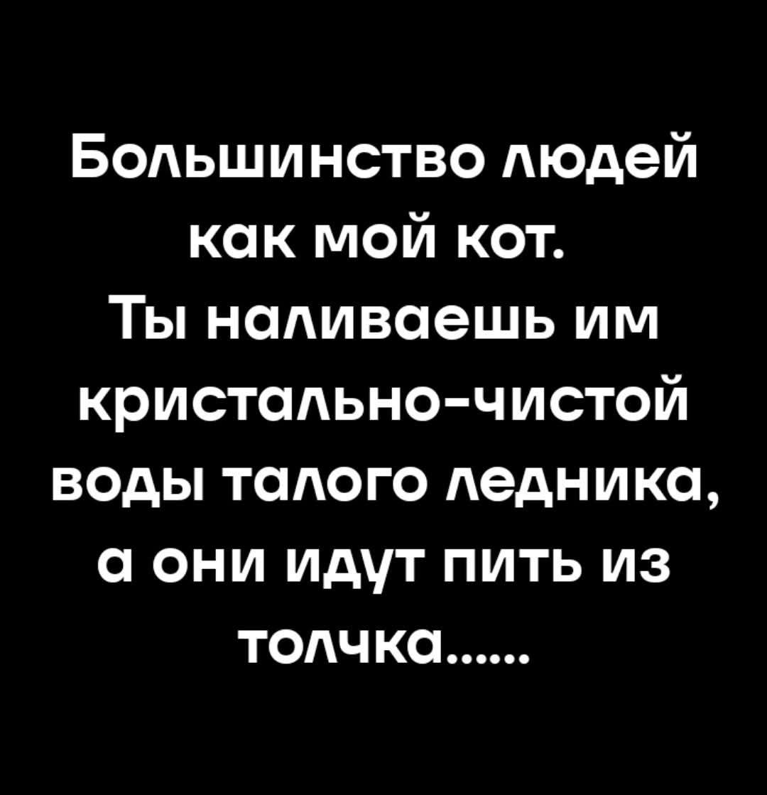 Большинство людей как мой кот. Ты наливаешь им кристально-чистой воды талого ледника, а они идут пить из толчка......