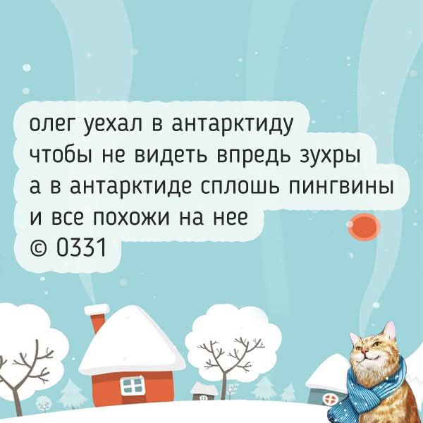 олег уехал в антарктиду чтобы не видеть вперед зухры а в антарктиде сплошь пингвины и все похожи на нее © 0331