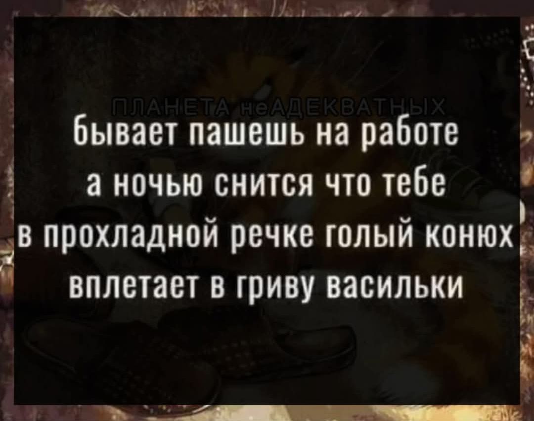 бывает пашешь на работе а ночью снится что тебе в прохладной речке голый конюх вплетает в грудь васильки