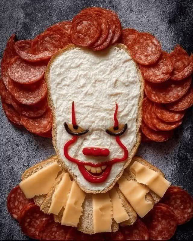 Клоун из хлеба, сыра и колбасных ломтиков