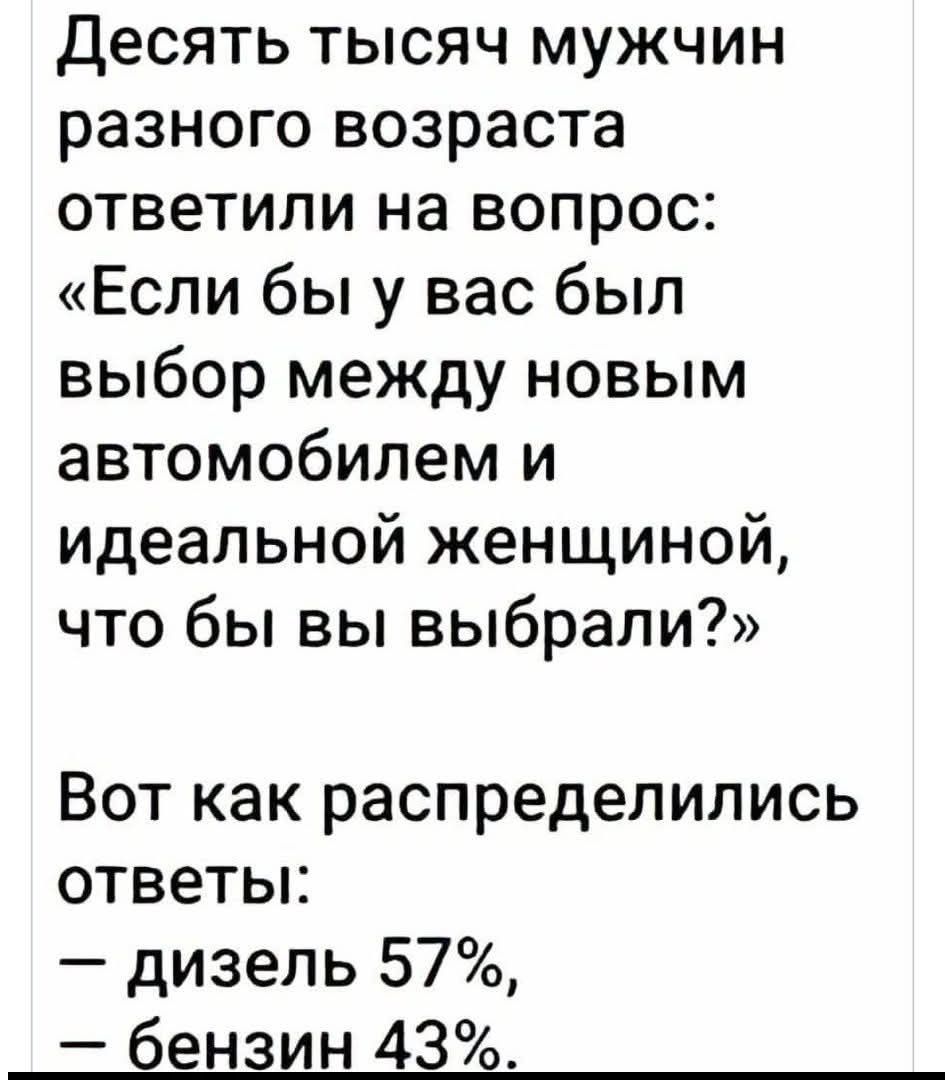 Десять тысяч мужчин разного возраста ответили на вопрос: «Если бы у вас был выбор между новым автомобилем и идеальной женщиной, что бы вы выбрали?» Вот как распределились ответы: — дизель 57%, — бензин 43%.