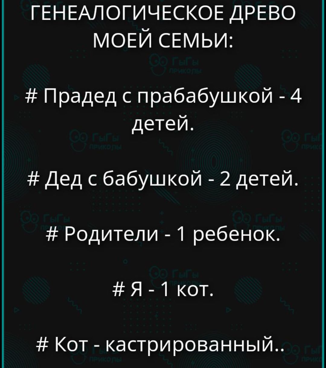 ГЕНЕАЛОГИЧЕСКОЕ ДРЕВО МОЕЙ СЕМЬИ: # Прадед с прабабушкой - 4 детей. # Дед с бабушкой - 2 детей. # Родители - 1 ребенок. # Я - 1 кот. # Кот - кастрированый..