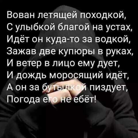 Вован летящей походкой,
С улыбкой благой на устах,
Идёт он куда-то за водкой,
Зажав две купюры в руках,
И ветер в лицо ему дует,
И дождь моросящий идёт,
А он за бутылкой пиздует,
Погода его не ебет!