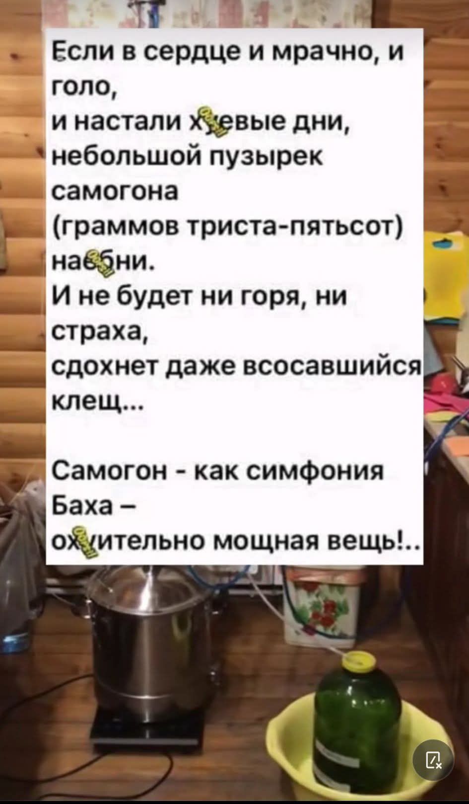 Если в сердце и мрачно, и голо, и настали холодные дни, небольшой пузырек самогона (граммов триста-пятьсот) на... И не будет ни горя, ни страха, сдохнет даже всосавшийся клещ... Самогон - как симфония Баха — восхительно мощная вещь!