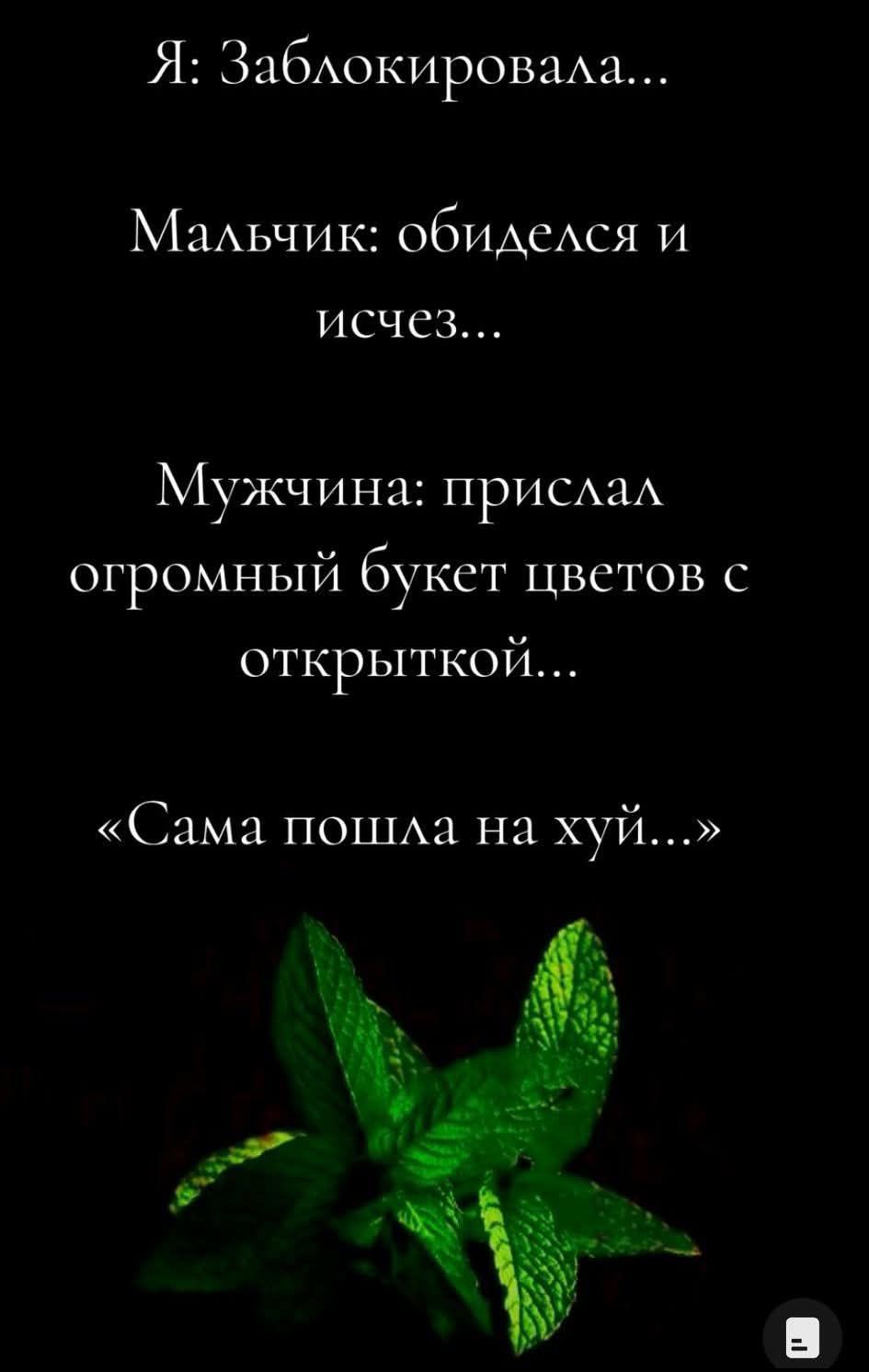 Я: Заблокировала...
Мальчик: обиделся и исчез...
Мужчина: прислал огромный букет цветов с открыткой...
«Сама пошла на хуй...»