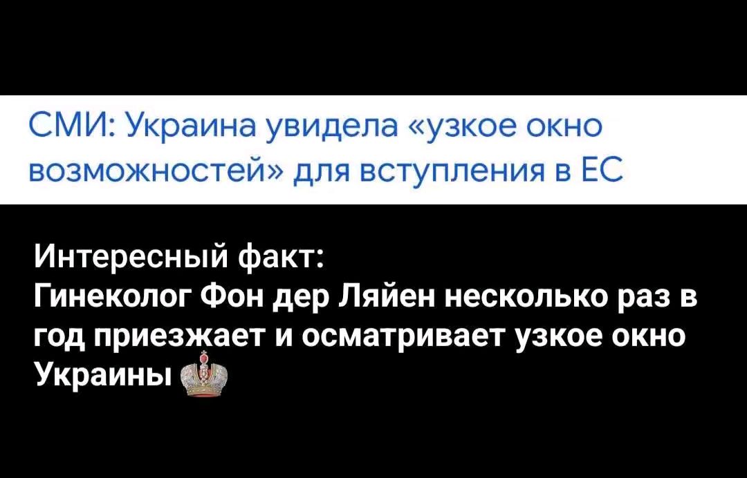 СМИ: Украина увидела «узкое окно возможностей» для вступления в ЕС. Интересный факт: Гинеколог Фон дер Лайен несколько раз в год приезжает и осматривает узкое окно Украины