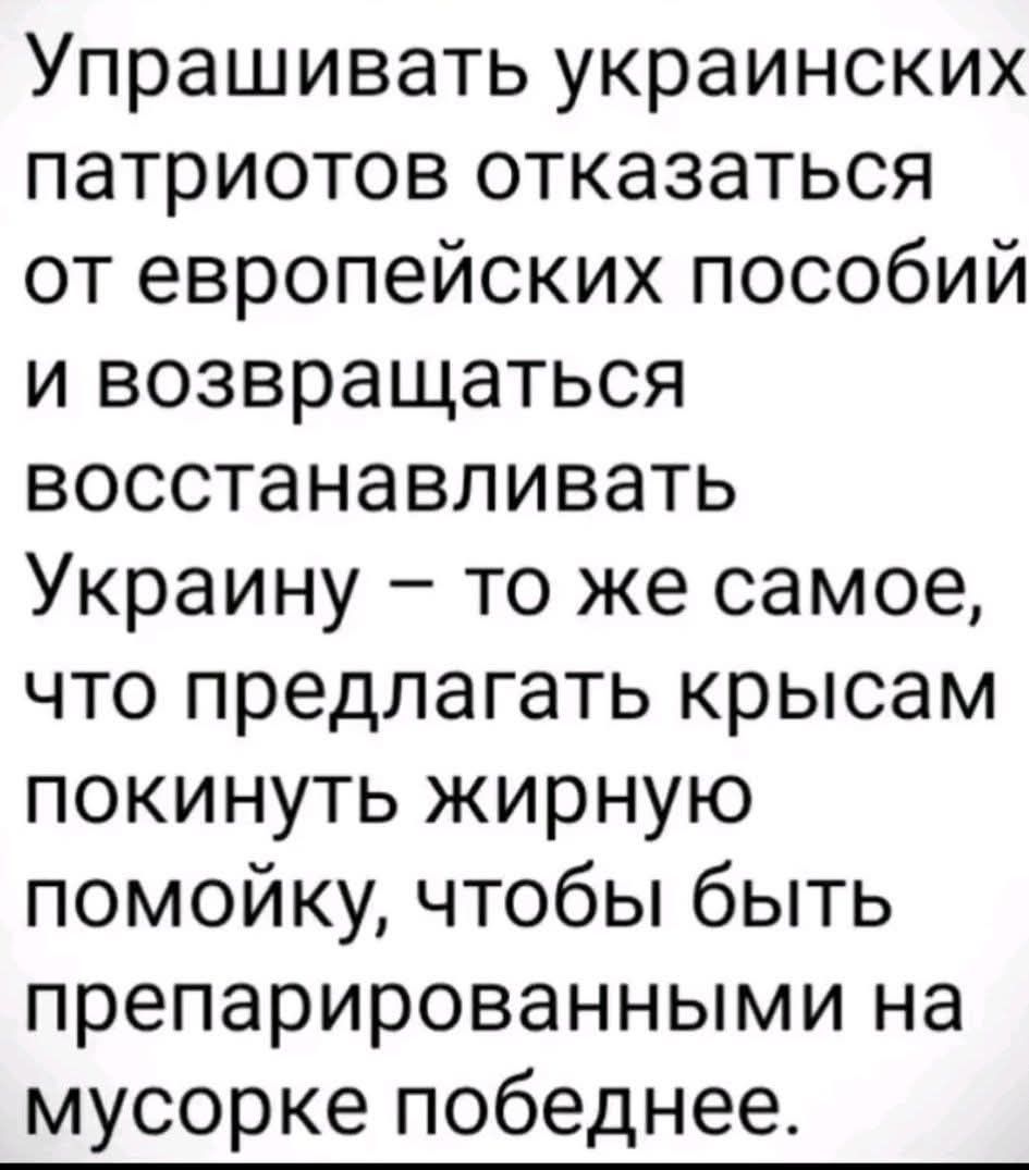 Упрашивать украинских патриотов отказаться от европейских пособий и возвращаться восстанавливать Украину – то же самое, что предлагать крысам покинуть жирную помойку, чтобы быть приготовированными на мусорке победнее.
