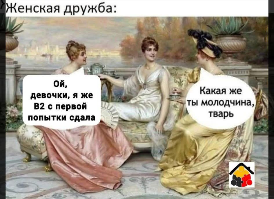 Женская дружба:\nОй, девочки, я же в2 с первой попытки сдала\nКакая же ты молодчина, тварь