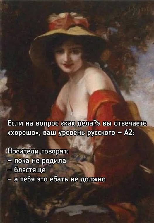 Если на вопрос «как дела?» вы отвечаете «хорошо», ваш уровень русского – А2: Носители говорят: – пока не родила – блестяще – а тебя это ебать не должно