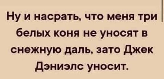 Ну и насрать, что меня три белых коня не уносят в снежную даль, зато Джек Дэниэлс уносит.
