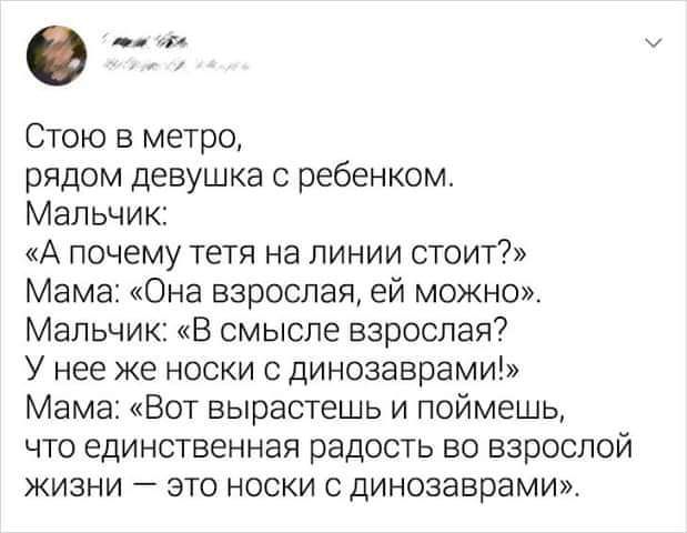 Стою в метро, рядом девушка с ребенком. Мальчик: «А почему тетя на линии стоит?» Мама: «Она взрослая, ей можно». Мальчик: «В смысле взрослая? У нее же носки с динозаврами!» Мама: «Вот вырастешь и поймешь, что единственная радость во взрослой жизни — это носки с динозаврами».