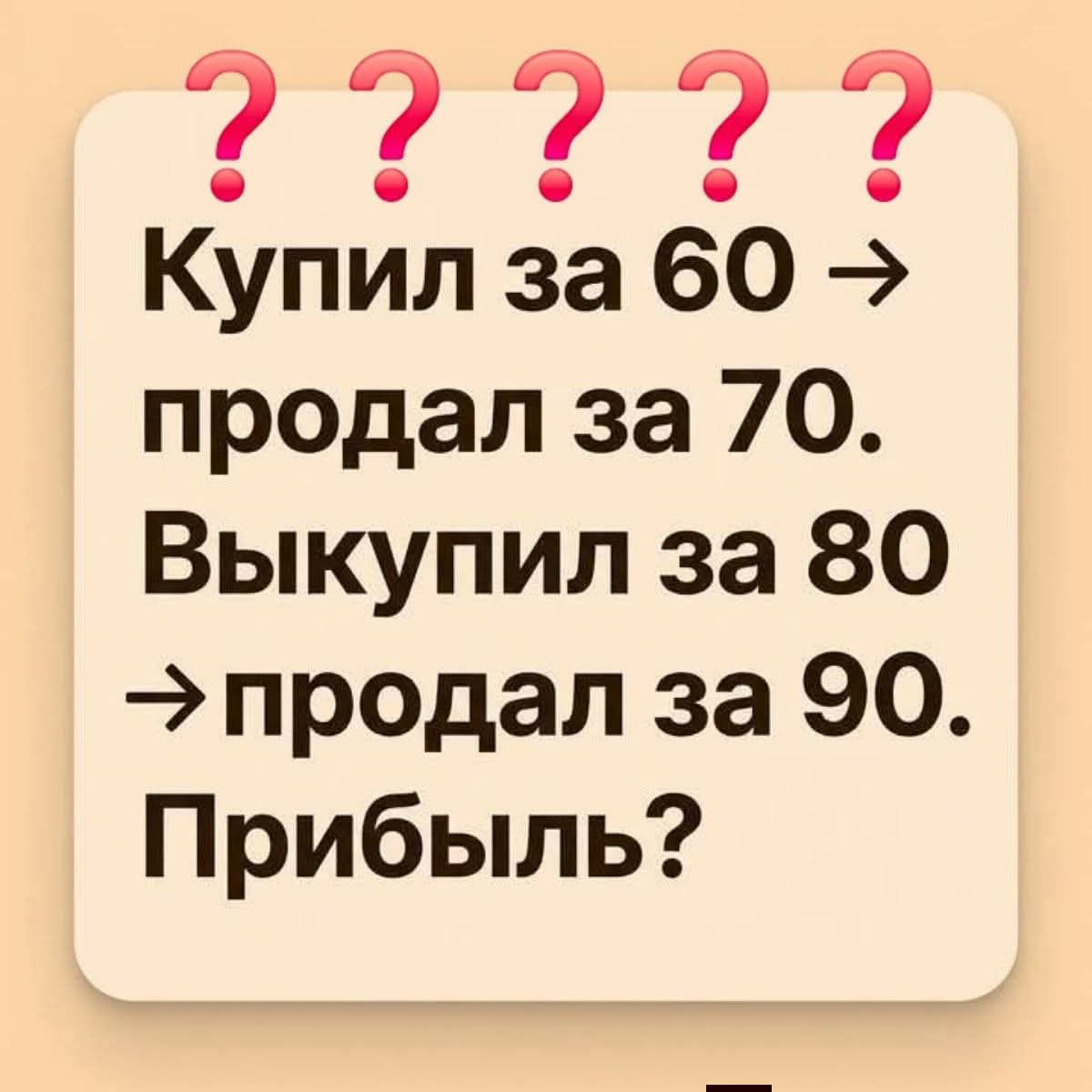 Купил за 60 -> продал за 70. Выкупил за 80 -> продал за 90. Прибыль?
