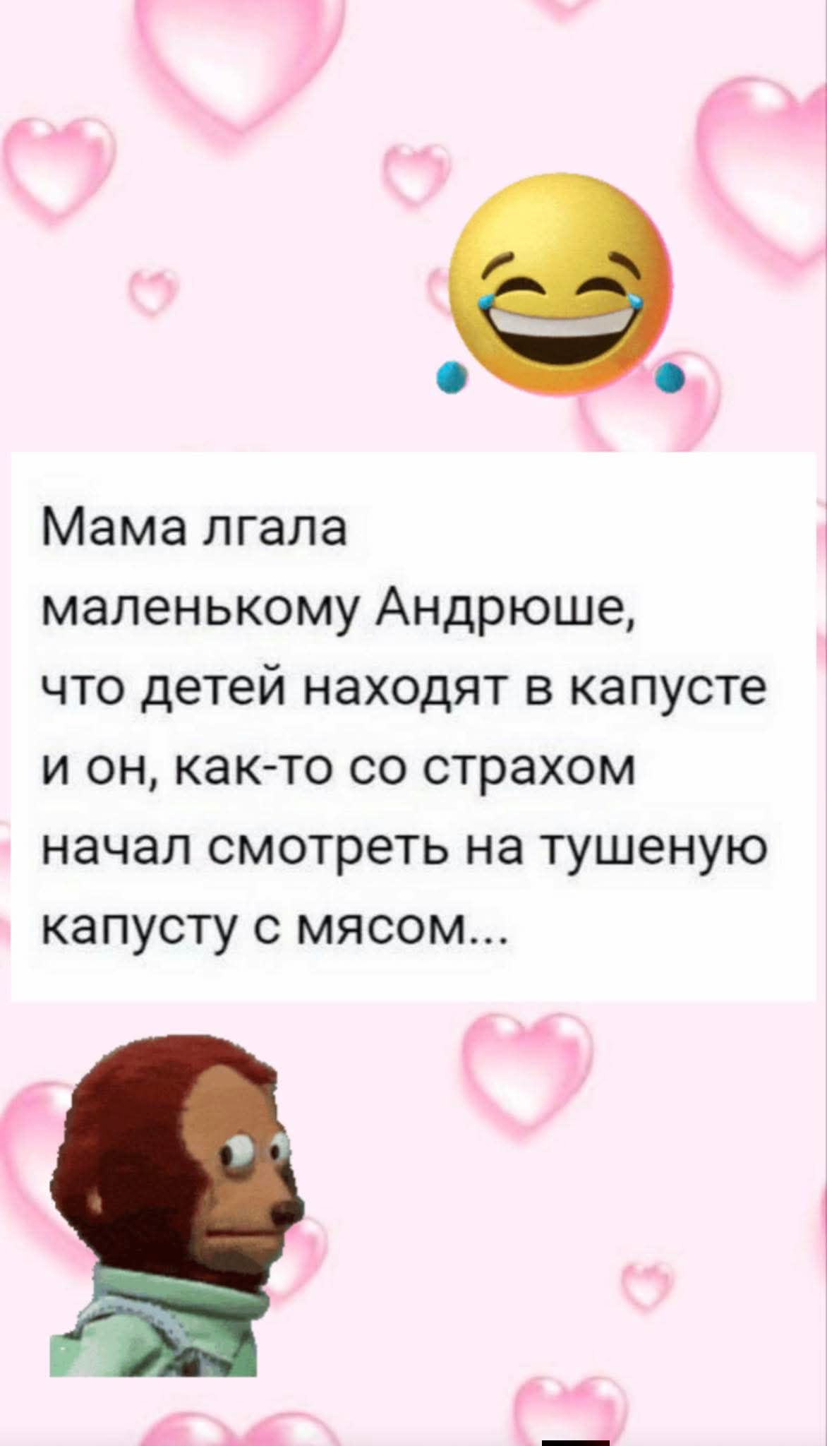 Мама лгала маленькому Андрюше, что детей находят в капусте и он, как-то со страхом начал смотреть на тушеную капусту с мясом...