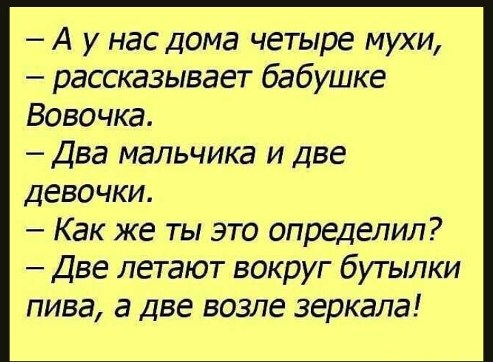 А у нас дома четыре мухи рассказывает бабушке Вовочка Два мальчика и две девочки Как же ты это определил Две летают вокруг бутылки пива а две возле зеркала