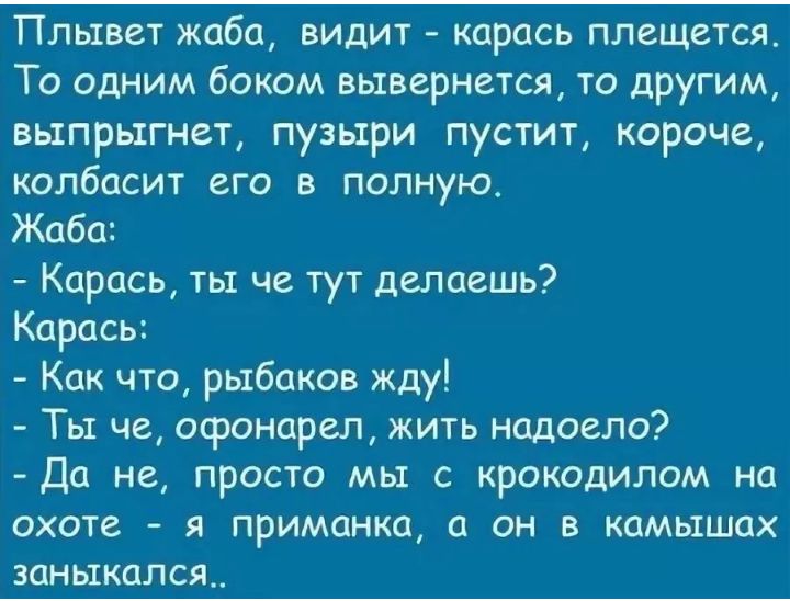 Плывет жаба видит карась плещется То одним боком вывернется то другим выпрыгнет пузыри пустит короче колбасит его в полную Жаба Карась ты че тут депаешь Карась Как что рыбаков жду Ты че офонарел жить надоело Да не просто мы с крокодилом на охоте я приманка а он в камышах заныкался