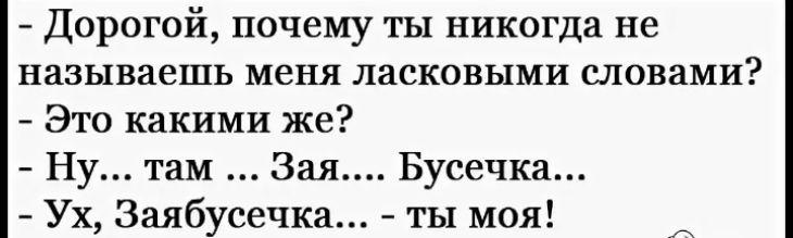 Дорогой почему ты никогда не называешь меня ласковыми словами Это какими же Ну там Зая Бусечка Ух Заябусечка ты моя