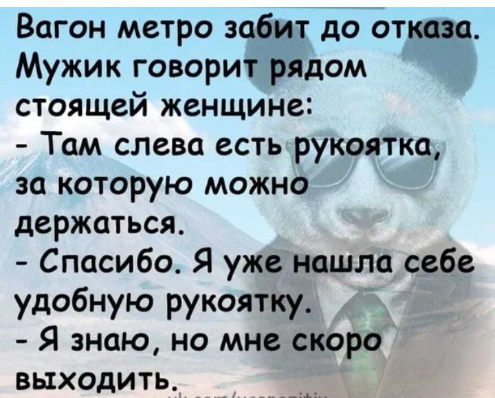 Вагон метро забит до отказа Мужик говорит рядом стоящей женщине Там слева есть рукоятка за которую можно держаться Спасибо Я уже нашла себе удобную рукоятку Я знаю но мне скоро выходить _ ____д