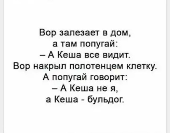 Вор залезает в дом а там попугай А Кеша все видит Вор накрыл полотенцем клетку А попугай говорит А Кеша не я а Кеша бульдог