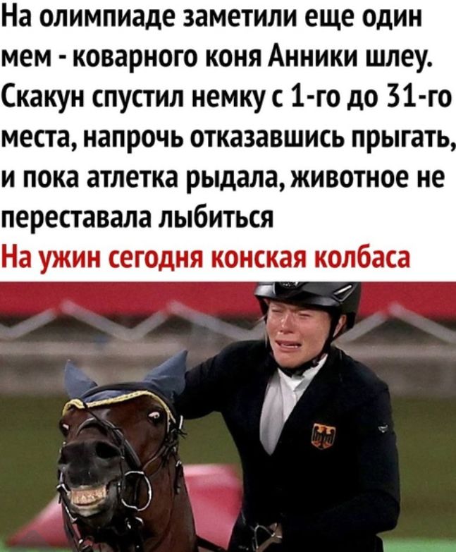 На олимпиаде заметили еще один мем коварного коня Анники шлеу Скакун спустил немку с 1 го до 31 го места напрочь отказавшись прыгать и пока атлетка рыдала животное не переставала лыбиться На ужин сегодня конская колбаса