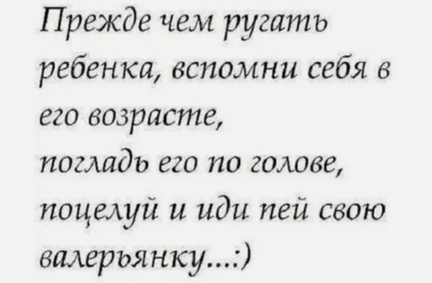 Прежде чем ругать ребенка вспомни себя в его возрасте погладь его по голове поцелуй и иди пей свою валерьянку
