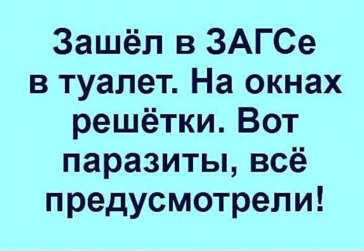 Зашёл в ЗАГСе в туалет На окнах решётки Вот паразиты всё предусмотрели
