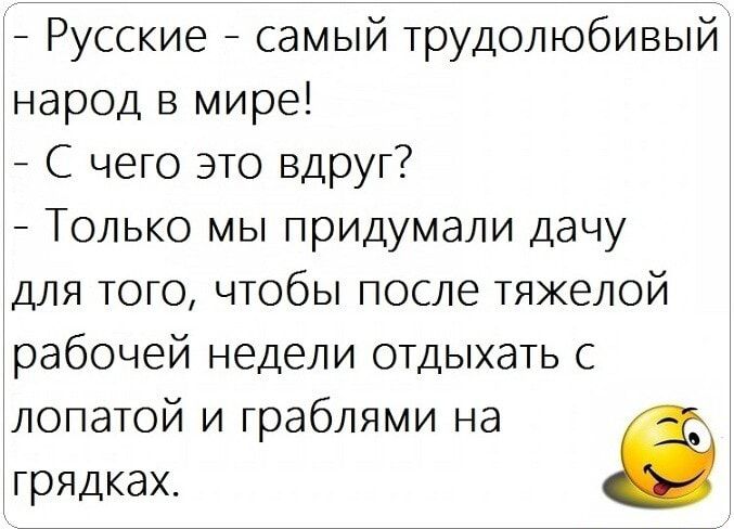 Русские самый трудолюбивый народ в мире С чего это вдруг _ Только мы придумали дачу для того чтобы после тяжелой рабочей недели отдыхать с лопатой и граблями на грядках