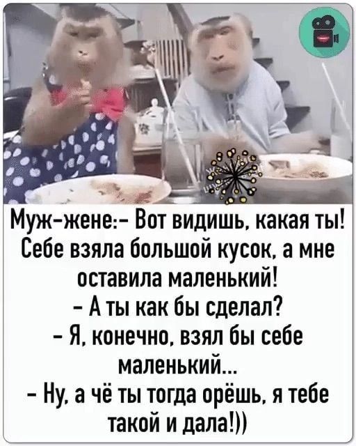 У Знщя Муж жене Вот видишь какая ты Себе взяла большой кусок а мне оставила маленький Аты как бы сделал Я конечно взял бы себе маленький Нуачё ты тогда орёшь я тебе такой и дала