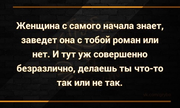 Женщина с самого начала знает заведет она с тобой роман или нет И тут уж совершенно безразлично делаешь ты что то так или не так