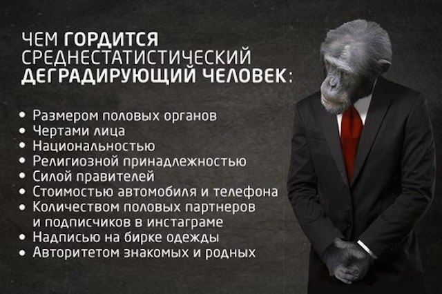 ЧЕМ ГОРДИТСЯ СРЕДНЕСТАТИСТИЧЕСКИЙ ДЕГРАДИРУЮЩИЙ ЧЕЛОВЕК Размером половых органов Чертами лица Национальностью Религиовной принадлежностью Силой правителей Стоимостью автомобиля и телефона Количеством половых партнеров и подписчиков в инстаграме Надписью на бирке одежды Авторитетом знакомых и родных