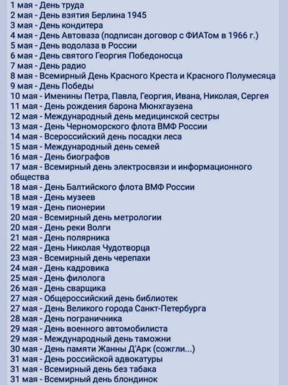 1 мои День труде 2 мая день взятия Берлина 1945 мял день кондитера 4 мои День Антон и подписан договор с ФИАТом в 1966 г 5 мая деи вцдолазя в России 6 мая день святого Георгия Победоиошд 7 мая день радио В мая Всемирный день Красного Креста и Красного Полумесяцв 9 мои день Победы 10 мея Именнны Петре Павло Георгия ищ Николяя Сергея 11 мая день рождения борона Мюилоушп 12 мая МеЖдУнародный день мед