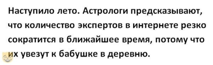 Наступило лето Астрологи предсказывают что количество экспертов в интернете резко сократится в ближайшее время потому что _их увезут к бабушке в деревню