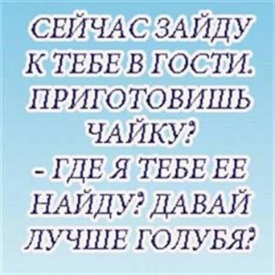 СЕЙЧАС ЗАЙДУ К ТЕБЕ В ГОСТИ ПРИГОТОВИШЬ ЧАЙКУ ГДЕ Я ТЕБЕ ЕЕ НАЙДУ ДАВАЙ ЛУЧШЕ ГОЛУБЯ