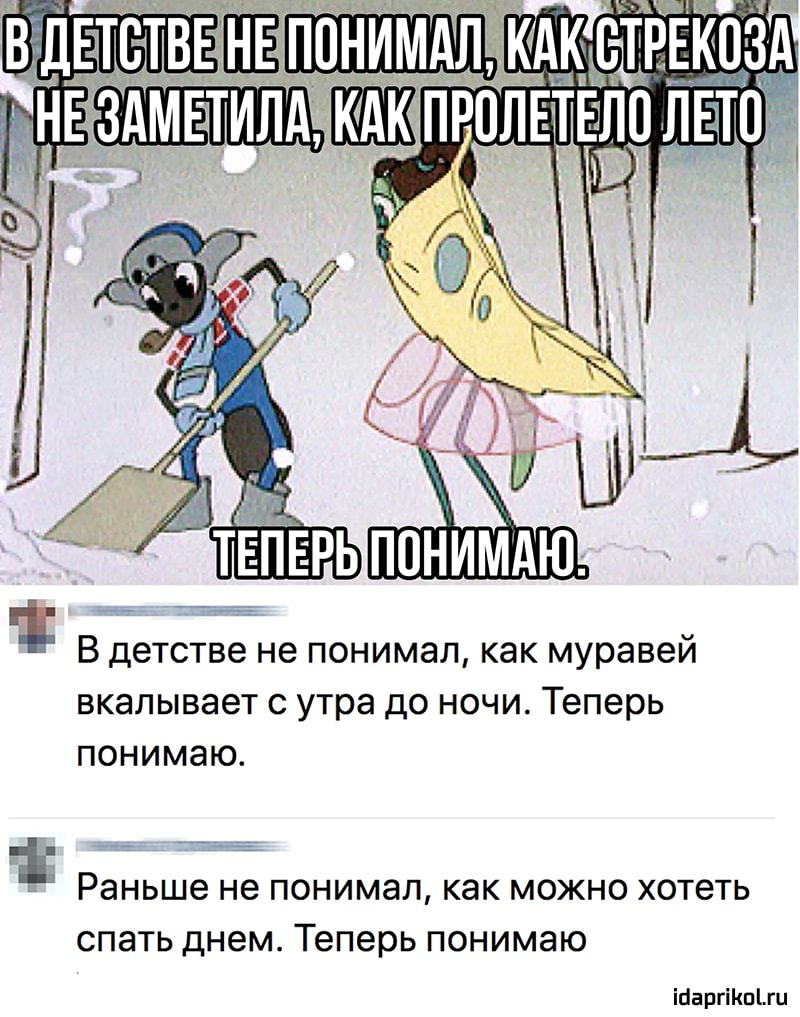 т В детстве не понимал как муравей вкалывает с утра до ночи Теперь понимаю Раньше не понимал как можно хотеть спать днем Теперь понимаю 1дариКо ги