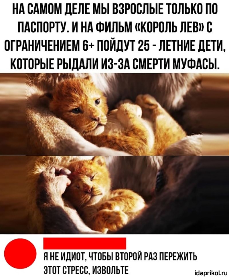 НА САМОМ дЕЛЕ МЫ ВЗРОСЛЫЕ ТОЛЬКО ПО ПАОПОРТУ И НА ФИЛЬМ КОРОЛЬ ЛЕВ О ОГРАНИЧЕНИЕМ В ПОИДУТ 25 ЛЕТНИЕ ЛЕТИ КОТОРЫЕ ЬРШАПИ ИЗ ЗА СМЕРТИ МУФАОЫ Я НЕ ИДИОТ ЧТОБЫ ВТОРОИ РАЗ ПЕРЕЖИТЬ ЭТОТ ОТРЕОО ИЗВОЛЬТЕ ісіаргіКпЫц
