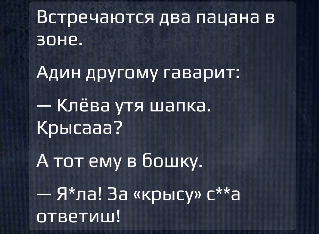 Встречаются два пацана в зоне Адин другому гаварит Клёва утя шапка Крысааа А тот ему в бошку Яла За крысу са ответиш