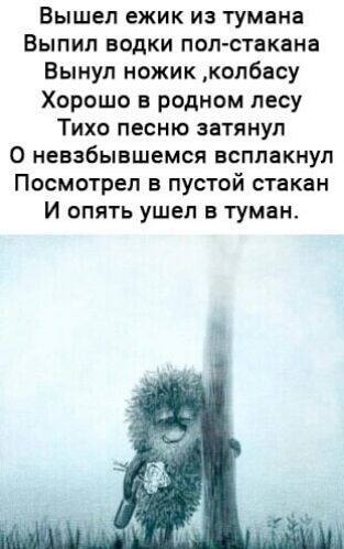 Вышел ежик из тумана Выпил водки псп стакана Вынул ножик колбасу Хорошо в родном лесу Тихо песню затянул 0 невзбывшемся всплакнуп Посмотрел в пустой стакан И опять ушел в туман