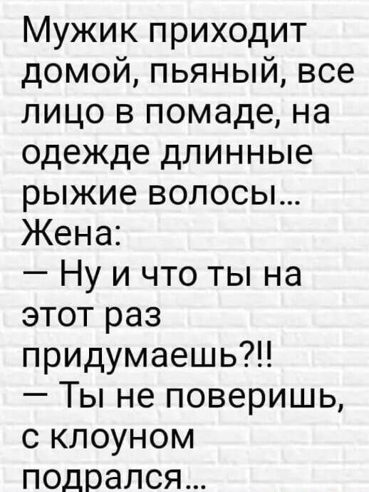 Мужик приходит домой пьяный все лицо в помаде на одежде длинные рыжие волосы Жена Ну и что ты на этот раз придумаешь Ты не поверишь с клоуном подрался