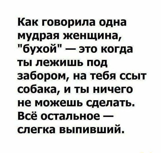 Как говорила одна мудрая женщина бухой это когда ты лежишь под забором на тебя ссыт собака и ты ничего не можешь сделать Всё остальное слегка выпивший