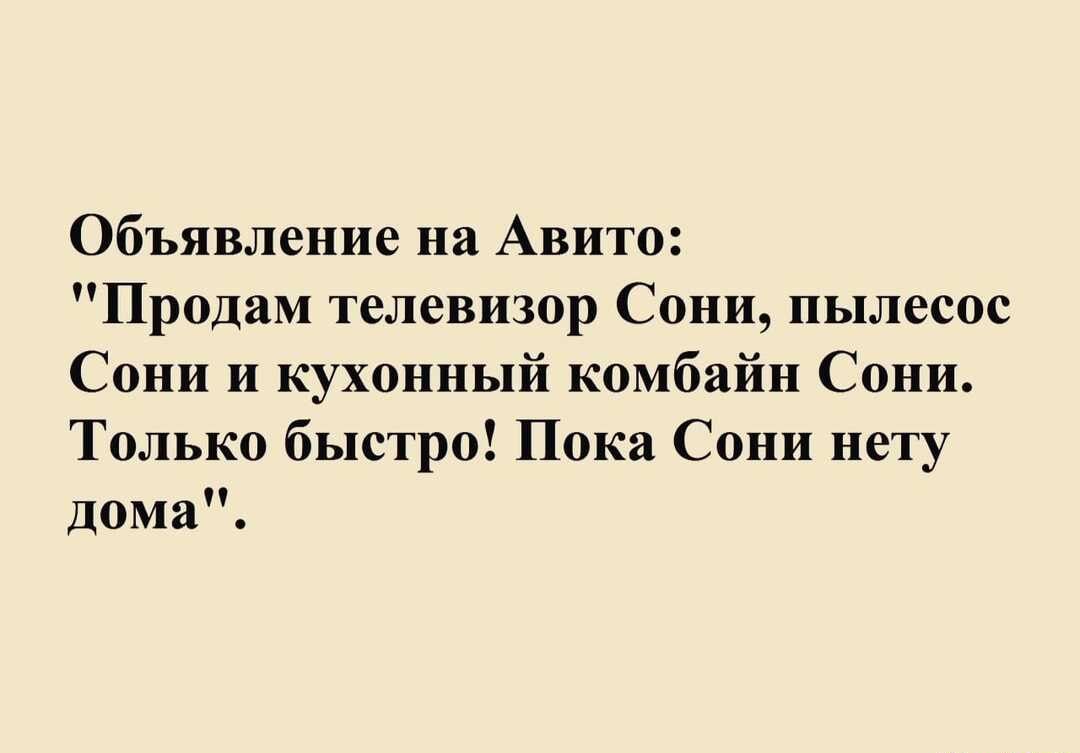 Объявление на Авито Продам телевизор Сони пылесос Сони и кухонный комбайн Сони Только быстро Пока Сони нету дома